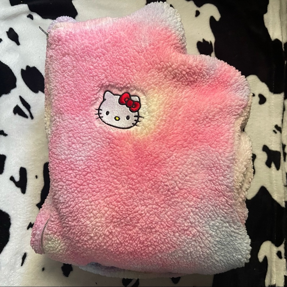 Shein Hello Kitty Tie Dye Cartoon Embroidery Drop Shoulder Hooded Teddy Jacket